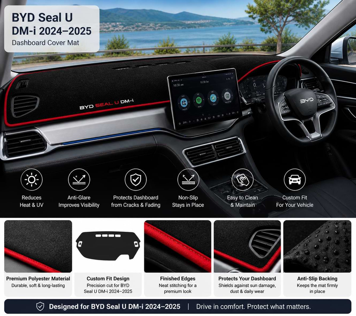 Interior of BYD Seal U DM-i 2024 with custom dashboard cover mat installed, showing anti-UV protection, anti-glare surface, and non-slip fit