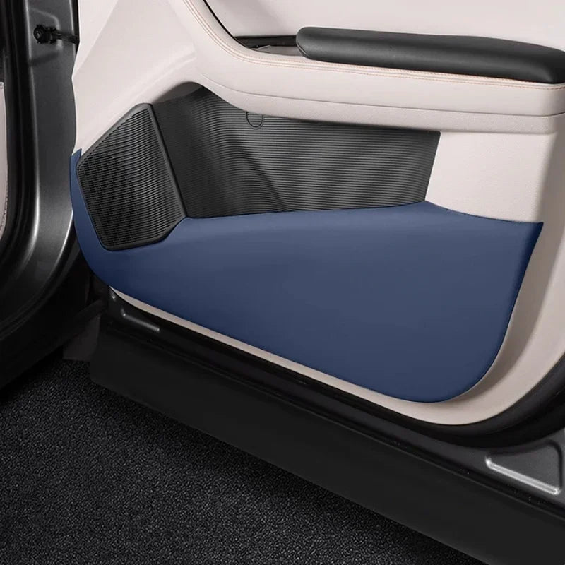Blue protective leather door panel cover for BYD interior trim.