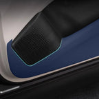 Blue textured protective door sill guard with integrated cyan LED ambient lighting.