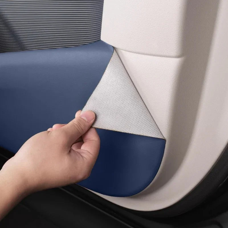 Blue PU leather door kick protector with adhesive backing for car interior protection.