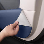 Blue PU leather door kick protector with adhesive backing for car interior protection.