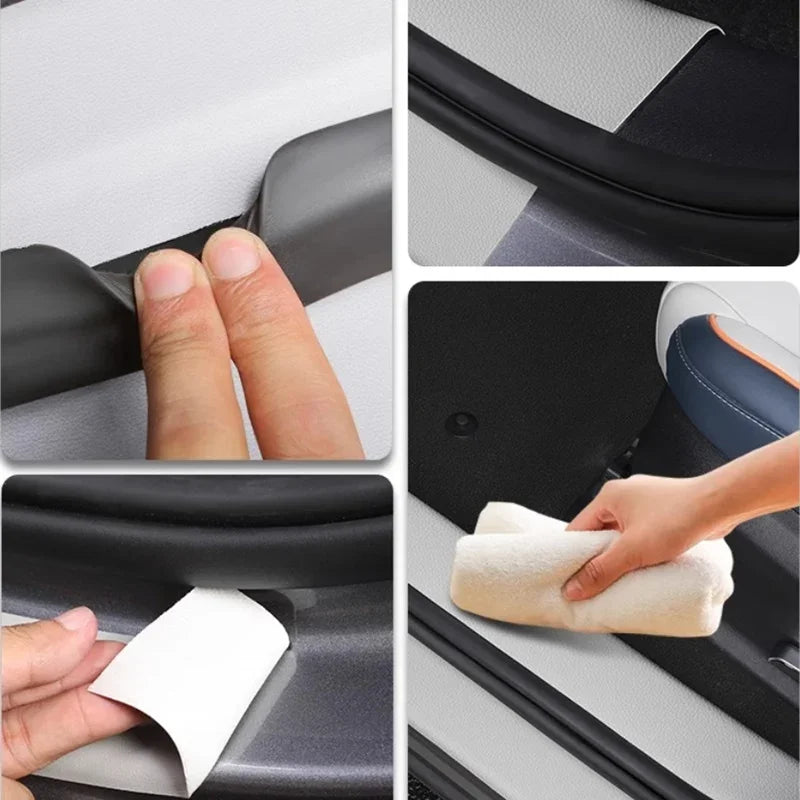 Installation steps for black rubber car trim protectors showing adhesive peeling and surface cleaning.