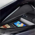 Black high-quality center console storage organizer with smartphone and accessory compartments.