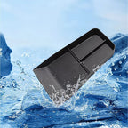 Water-resistant black plastic car organizer tray with compartments splashing in water.