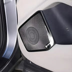 Black Dirac premium speaker grille with a textured radial pattern on a white car door panel.