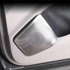 Silver metallic speaker grille with a textured mesh pattern on a light gray car door panel.