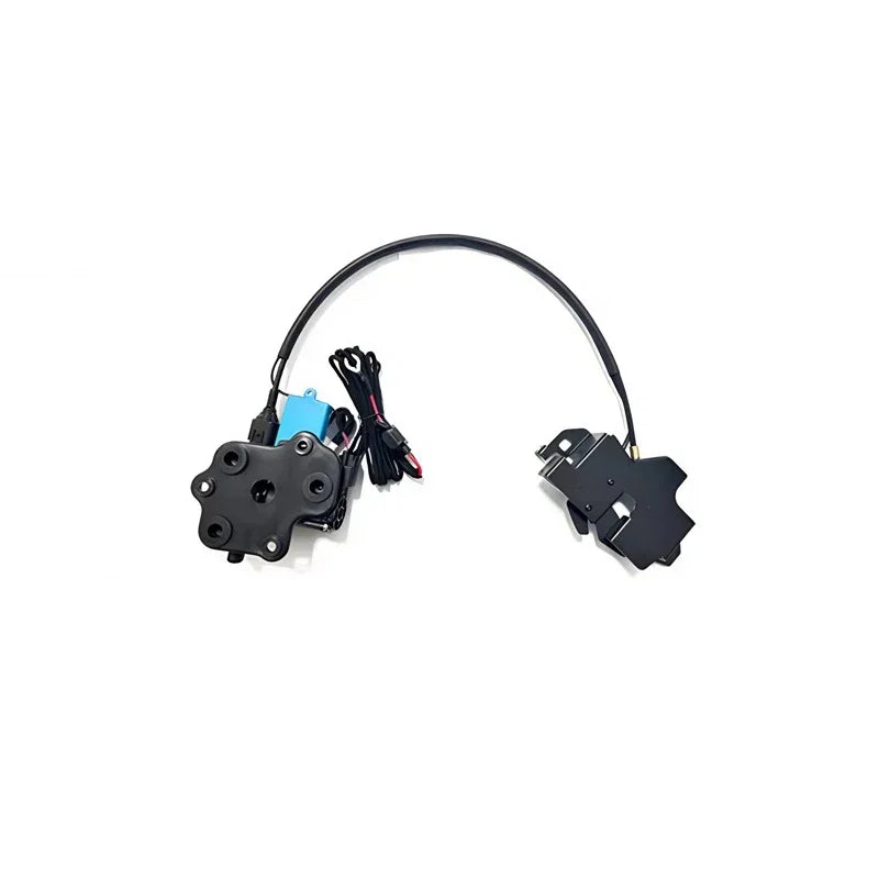Black electric window regulator motor assembly with blue component and wiring harness.