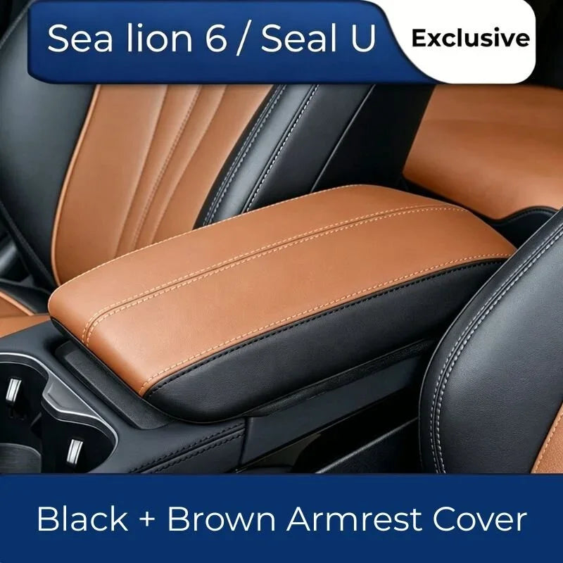 Black and brown leather armrest cover for Sea Lion 6 and Seal U with premium stitching.