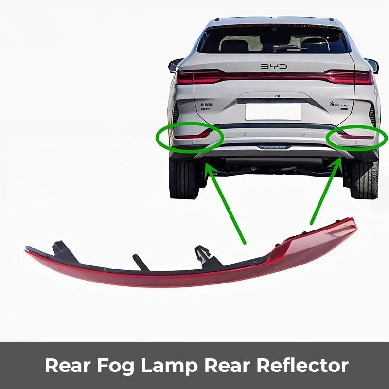Red curved rear fog lamp and reflector made of durable translucent plastic for BYD models.