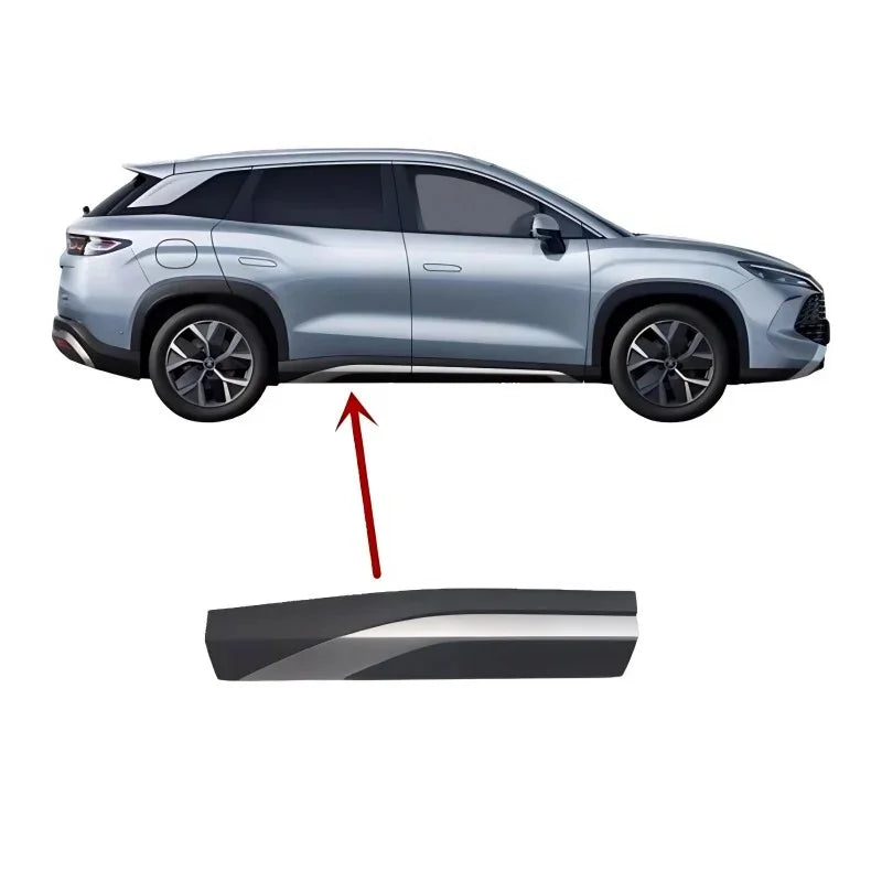 Silver and black side skirt protector for BYD SUV, made of durable composite material.