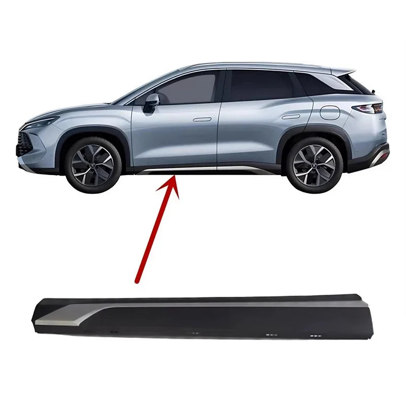 Black and silver metallic side skirt protector for BYD SUV, durable impact-resistant material.