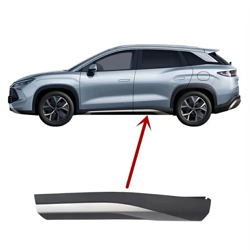 Black and silver metallic side skirt protector for BYD SUV, durable wear-resistant material.