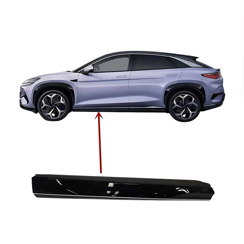 Glossy black side skirt protector for BYD electric SUV, durable impact-resistant material.