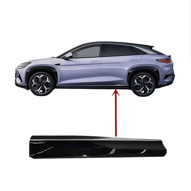 Black carbon fiber texture side skirt protector for BYD electric SUV.