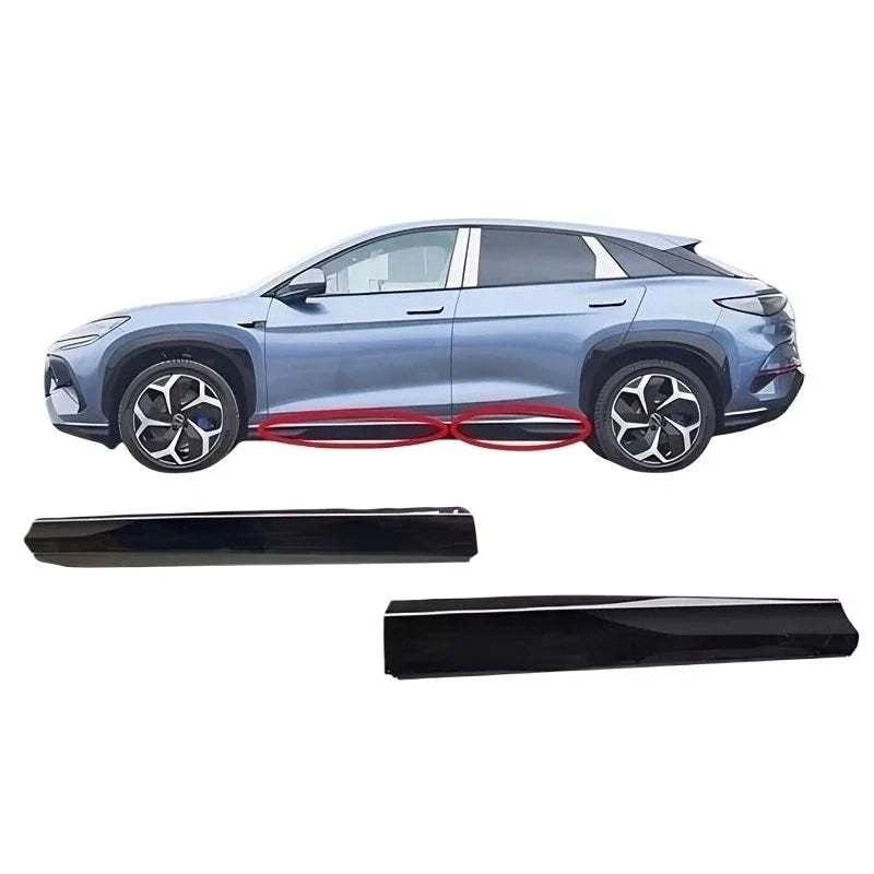 Glossy black side skirt protectors for BYD electric SUV, durable impact-resistant material.