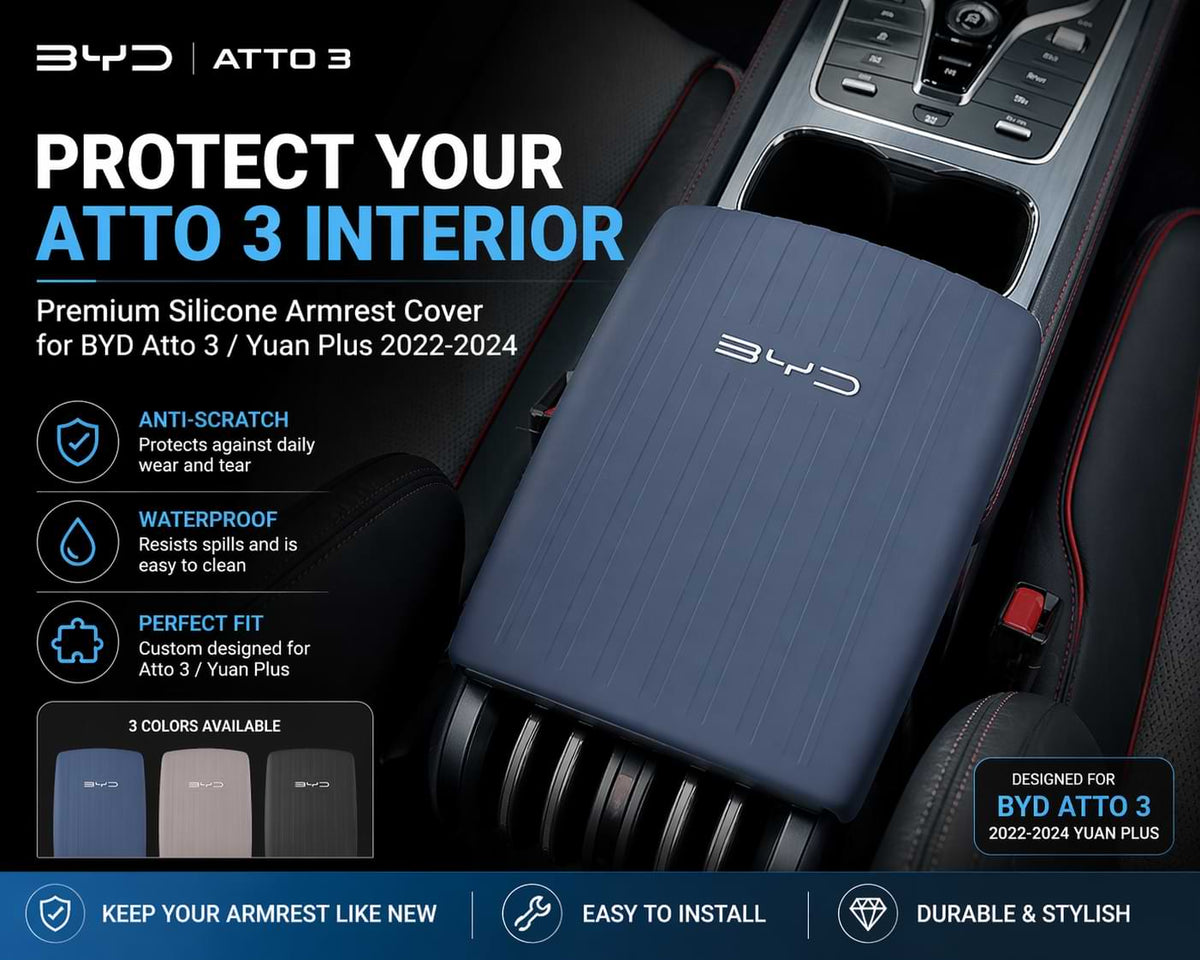Blue silicone armrest cover for BYD Atto 3 with product details and features.