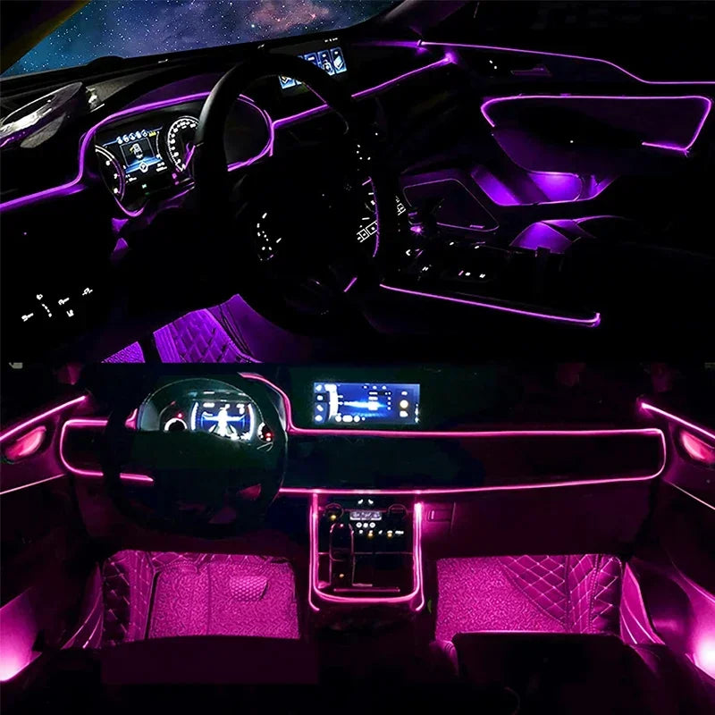 BYD Car interior with purple LED lights illuminating the dashboard and steering wheel.