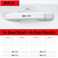 White car door handle and bowl set with BYD branding on a white background.