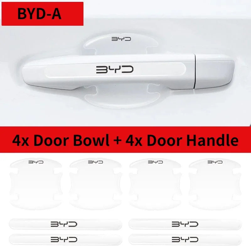 White car door handle and bowl set with BYD branding on a white background.