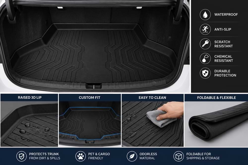 Car trunk mat with features listed on the right, including waterproof, anti-slip, scratch resistant, chemical resistant, and durable protection.