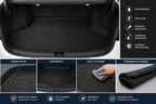 Car trunk mat with features listed on the right, including waterproof, anti-slip, scratch resistant, chemical resistant, and durable protection.