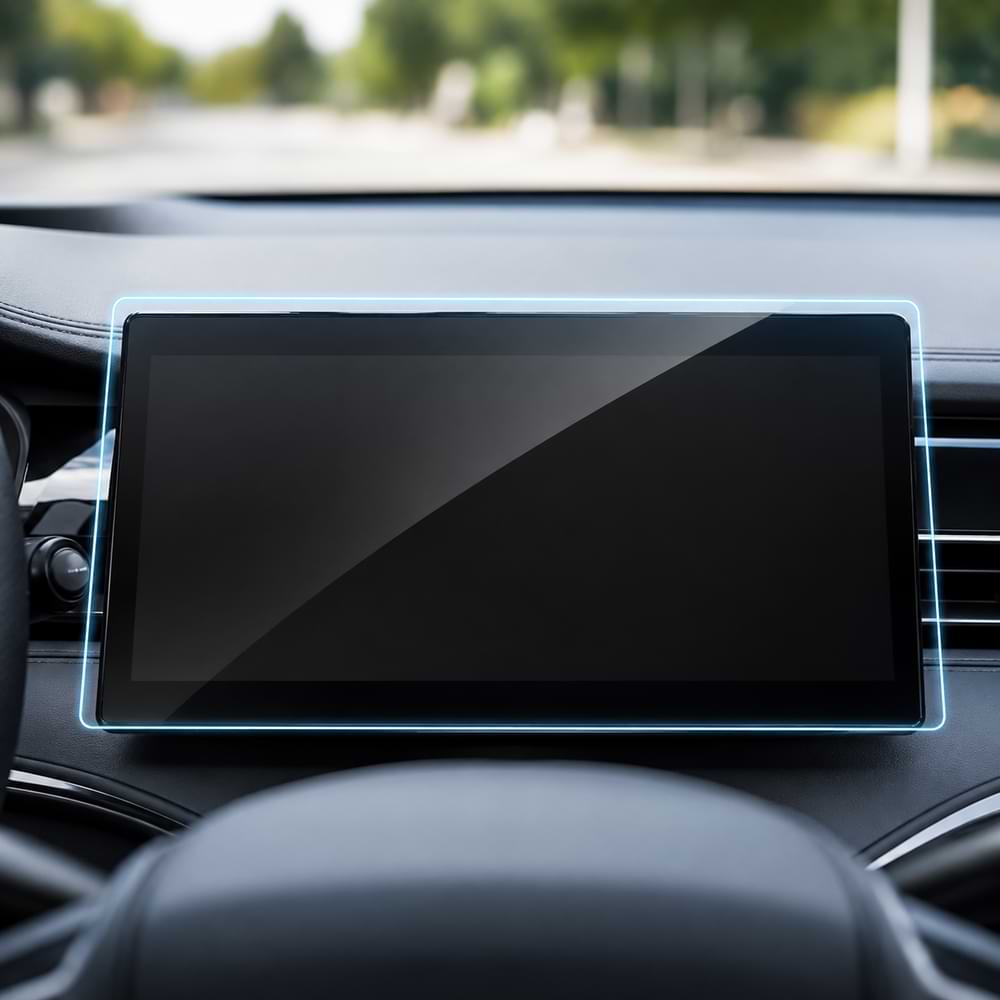 byd shark Car dashboard with a protective screen film on the touchscreen