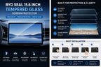 Advertisement for BYD Seal 15.6 inch tempered glass screen protector with features and installation instructions.