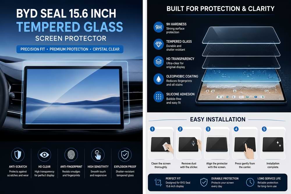 Advertisement for BYD Seal 15.6 inch tempered glass screen protector with features and installation instructions.
