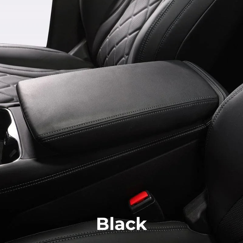 Black premium leather armrest cover with detailed stitching for car interior