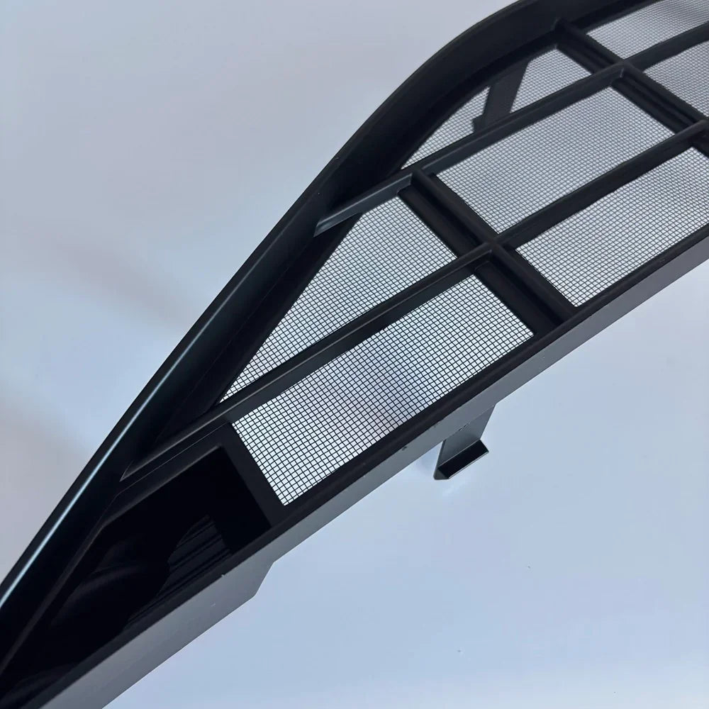 Black matte automotive mesh grille with a durable reinforced plastic frame.