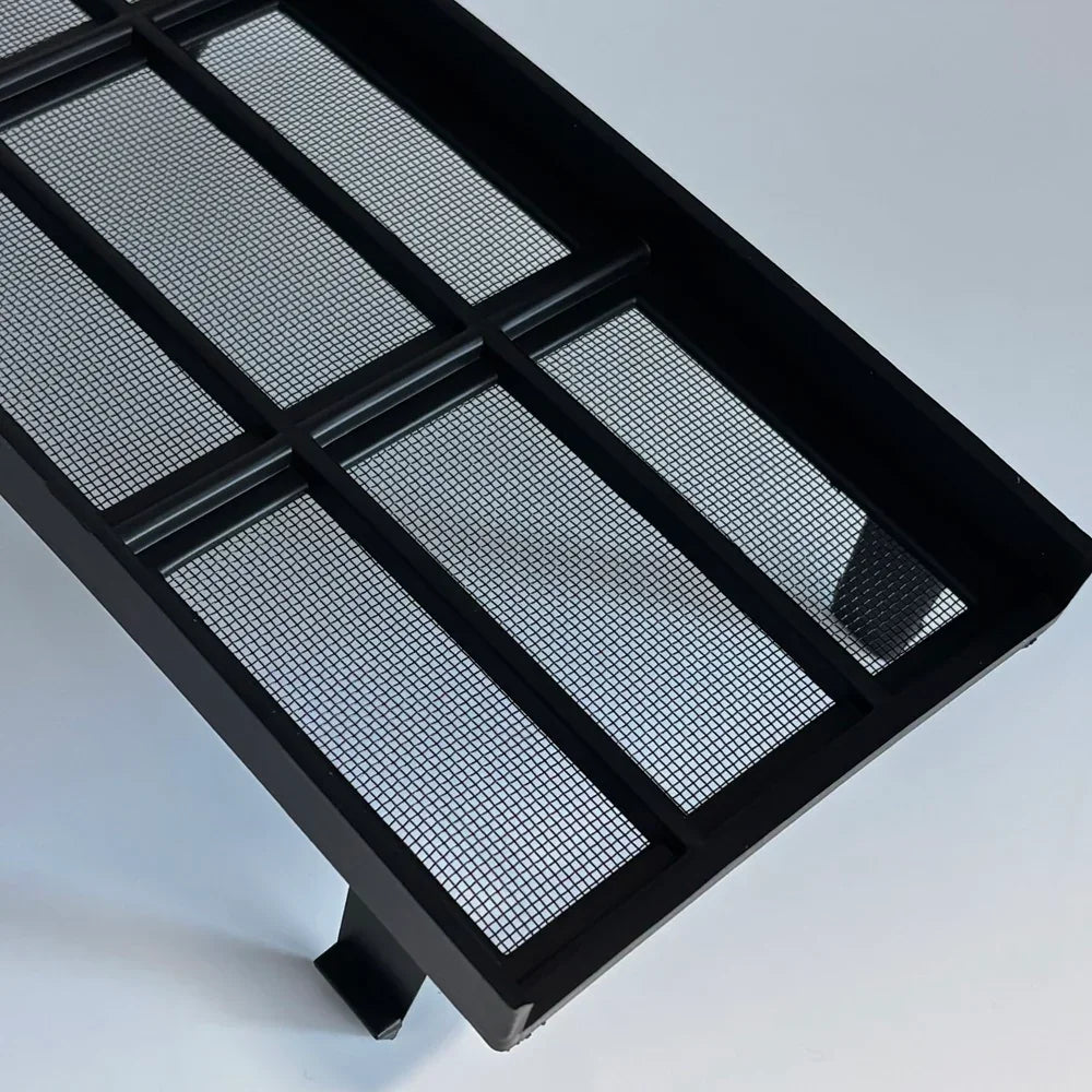 Black metal mesh tray with a durable rectangular grid design for organized storage.
