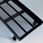 Black metal mesh tray with a durable rectangular grid design for organized storage.