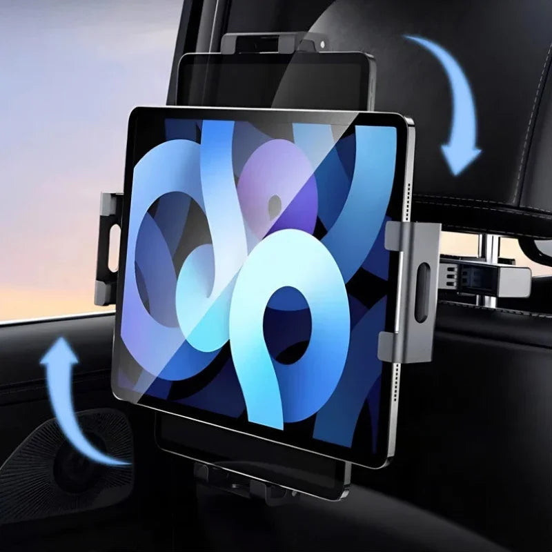 Black adjustable car headrest tablet holder with rotating mount for backseat entertainment.