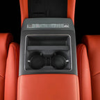 Orange leather center console with dual cup holders and control panel for BYD interior.