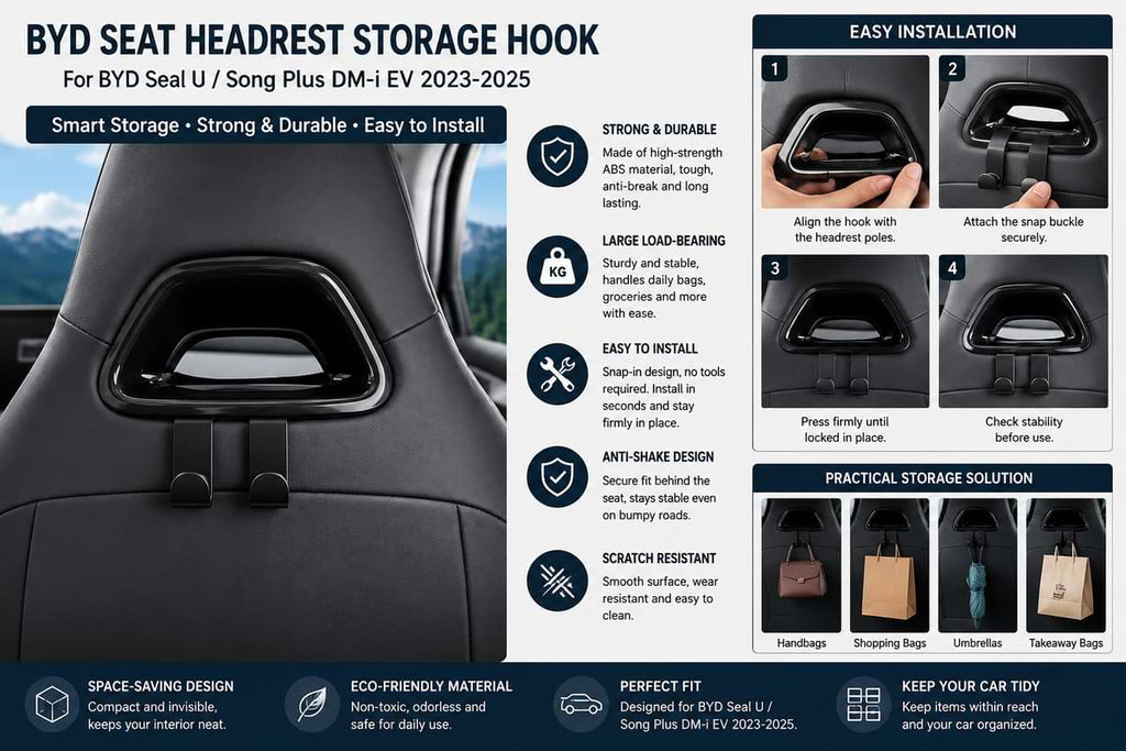 BYD seat headrest storage hook for Seal U / Song Plus DM-i EV 2023-2025 with installation steps and features.