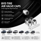 BYD tire air valve caps with a tool on a black background