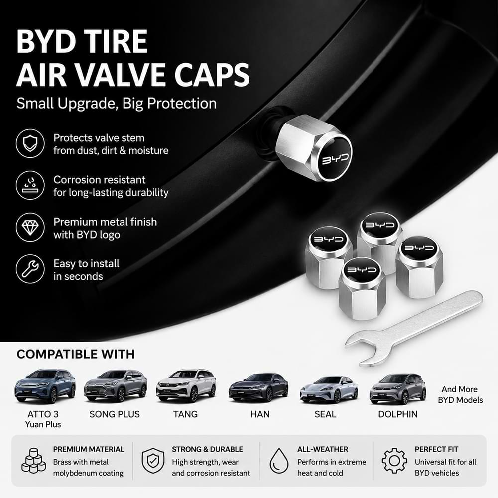 BYD tire air valve caps with a tool on a black background