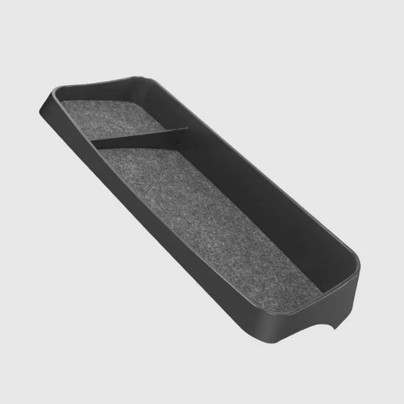 Black slim center console organizer tray with grey felt lining for BYD car interior storage.