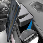 Black durable plastic tablet holder mounted in car center console for secure hands-free viewing.