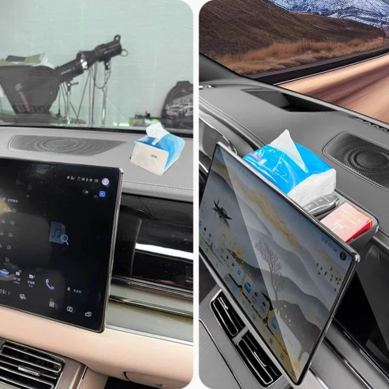 Black premium leather dashboard storage box holding a blue tissue pack on a car console.