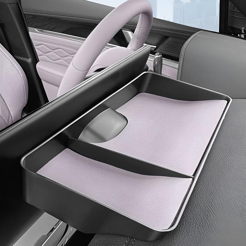Premium black PU leather car center console organizer with light purple textured lining.