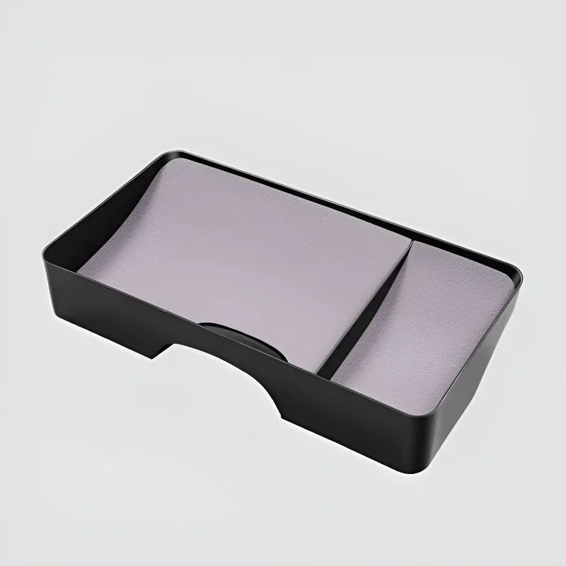 Black premium car organizer tray with light grey textured leather-feel inserts.