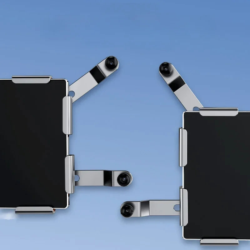 Pair of silver metallic camera bracket mounts with black lenses on a blue background.