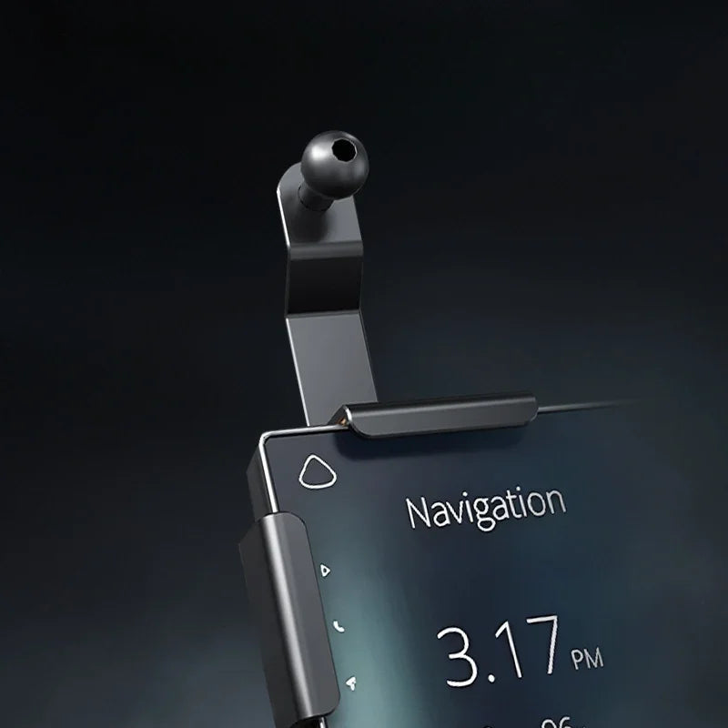 Close-up of a sleek black metallic phone holder with a ball-joint mounting system.