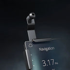 Close-up of a sleek black metallic phone holder with a ball-joint mounting system.