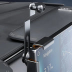 Silver metal adjustable phone holder mount for car dashboard with a ball joint design.