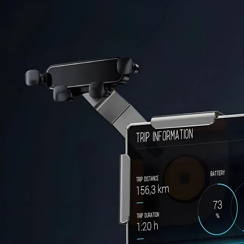 Black smartphone holder mounted on a sleek silver metal arm, positioned in front of a car dashboard screen.