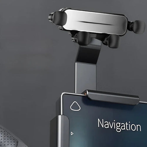 Sleek black and silver metal car phone holder mounted on a dashboard for navigation.