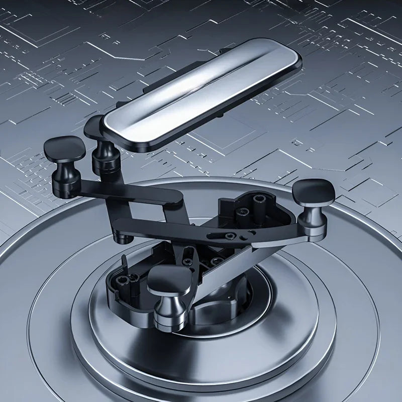 Sleek black metallic phone holder with a polished silver top plate on a circular pedestal.
