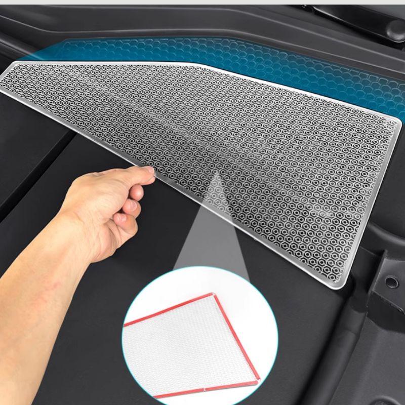 Silver honeycomb mesh engine bay protector for BYD cars, made of durable composite material.